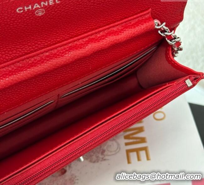 Good Taste Chanel Grained Calfskin Classic Wallet on Chain WOC AP4241 Red/Silver 2025
