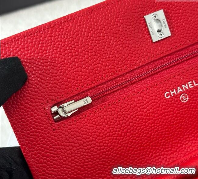Good Taste Chanel Grained Calfskin Classic Wallet on Chain WOC AP4241 Red/Silver 2025