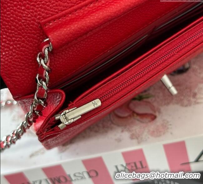 Good Taste Chanel Grained Calfskin Classic Wallet on Chain WOC AP4241 Red/Silver 2025