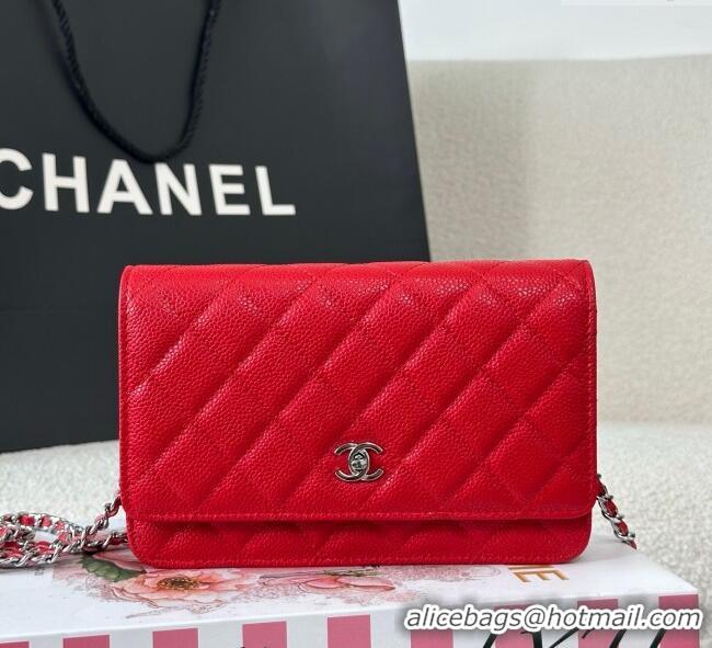 Good Taste Chanel Grained Calfskin Classic Wallet on Chain WOC AP4241 Red/Silver 2025