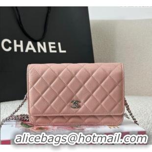 Well Crafted Chanel Grained Calfskin Classic Wallet on Chain WOC AP4241 Light Pink/Silver 2025