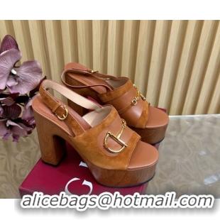 Good Quality Gucci Platform Heel Sandals 13cm in Suede and Leather with Horsebit Brown 0609117