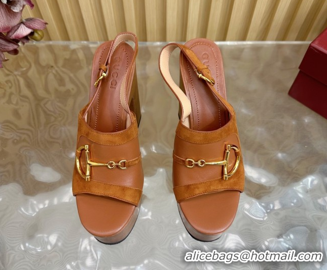 Good Quality Gucci Platform Heel Sandals 13cm in Suede and Leather with Horsebit Brown 0609117
