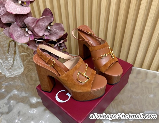 Good Quality Gucci Platform Heel Sandals 13cm in Suede and Leather with Horsebit Brown 0609117