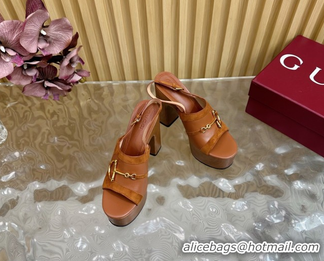 Good Quality Gucci Platform Heel Sandals 13cm in Suede and Leather with Horsebit Brown 0609117