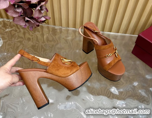 Good Quality Gucci Platform Heel Sandals 13cm in Suede and Leather with Horsebit Brown 0609117