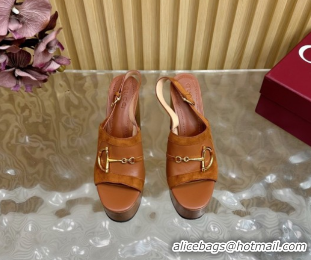 Good Quality Gucci Platform Heel Sandals 13cm in Suede and Leather with Horsebit Brown 0609117