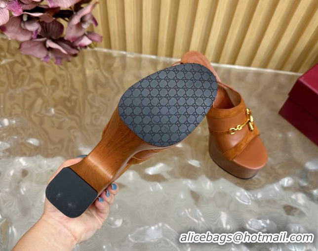 Good Quality Gucci Platform Heel Sandals 13cm in Suede and Leather with Horsebit Brown 0609117