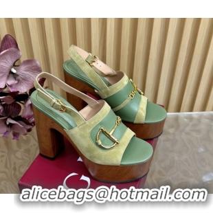 Unique Style Gucci Platform Heel Sandals 13cm in Suede and Leather with Horsebit Green 0609118
