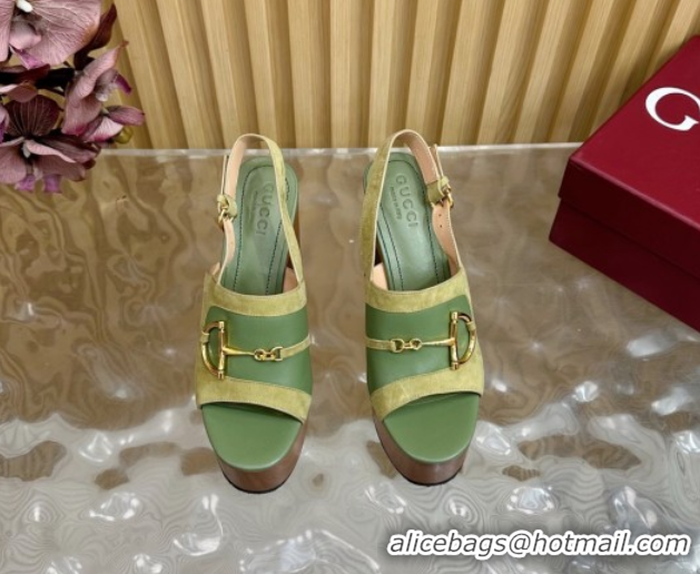 Unique Style Gucci Platform Heel Sandals 13cm in Suede and Leather with Horsebit Green 0609118