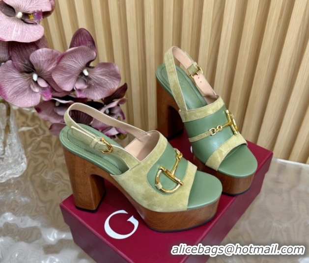 Unique Style Gucci Platform Heel Sandals 13cm in Suede and Leather with Horsebit Green 0609118