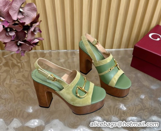 Unique Style Gucci Platform Heel Sandals 13cm in Suede and Leather with Horsebit Green 0609118