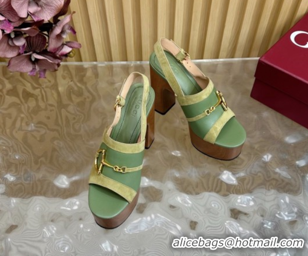 Unique Style Gucci Platform Heel Sandals 13cm in Suede and Leather with Horsebit Green 0609118