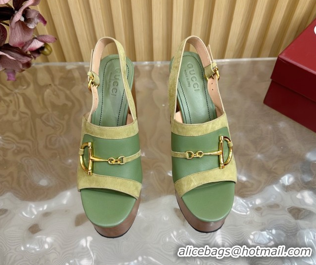 Unique Style Gucci Platform Heel Sandals 13cm in Suede and Leather with Horsebit Green 0609118