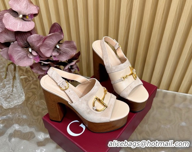 Trendy Design Gucci Platform Heel Sandals 13cm in Suede and Leather with Horsebit light Beige 0609120