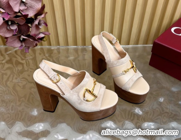 Trendy Design Gucci Platform Heel Sandals 13cm in Suede and Leather with Horsebit light Beige 0609120