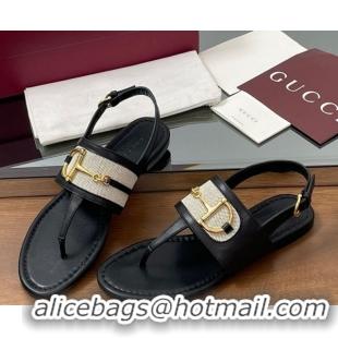 Stylish Gucci Flat Thong Sandals in Canvas and Leather with Horsebit Black 0609121