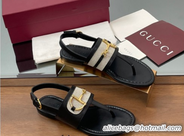 Stylish Gucci Flat Thong Sandals in Canvas and Leather with Horsebit Black 0609121