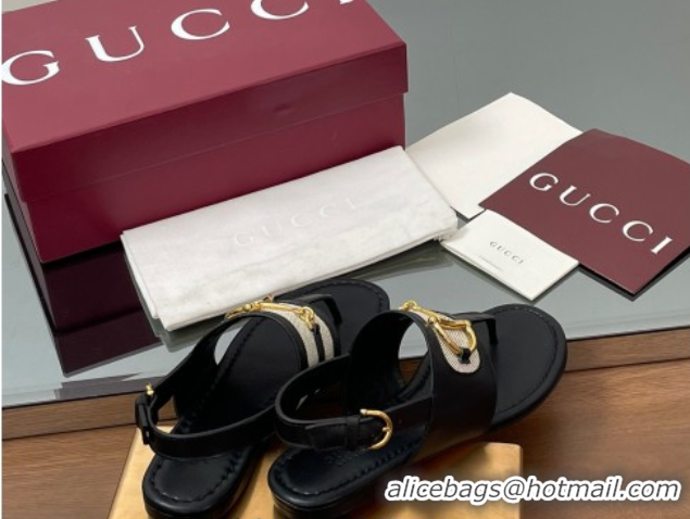 Stylish Gucci Flat Thong Sandals in Canvas and Leather with Horsebit Black 0609121