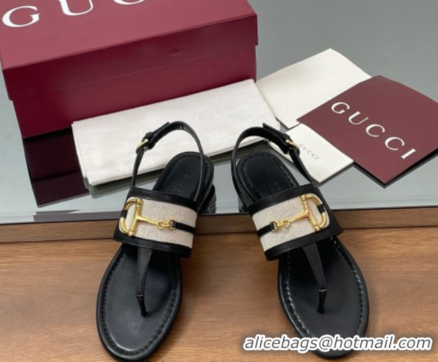 Stylish Gucci Flat Thong Sandals in Canvas and Leather with Horsebit Black 0609121