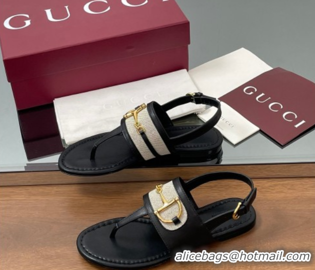 Stylish Gucci Flat Thong Sandals in Canvas and Leather with Horsebit Black 0609121