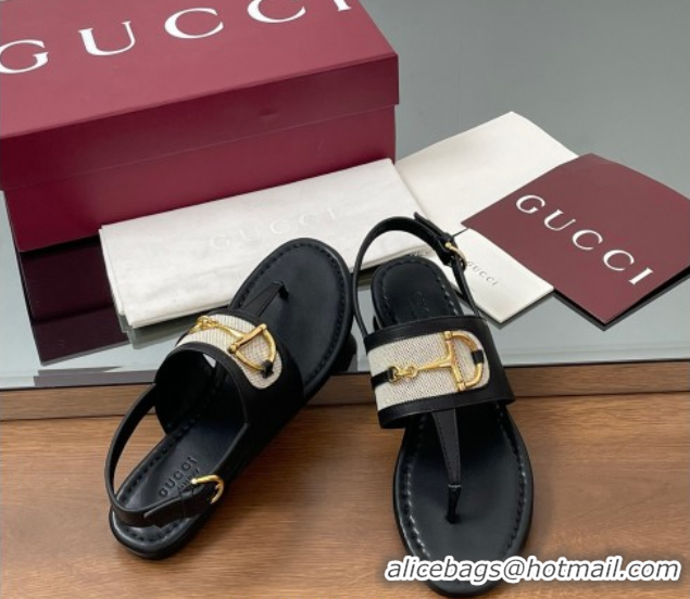 Stylish Gucci Flat Thong Sandals in Canvas and Leather with Horsebit Black 0609121