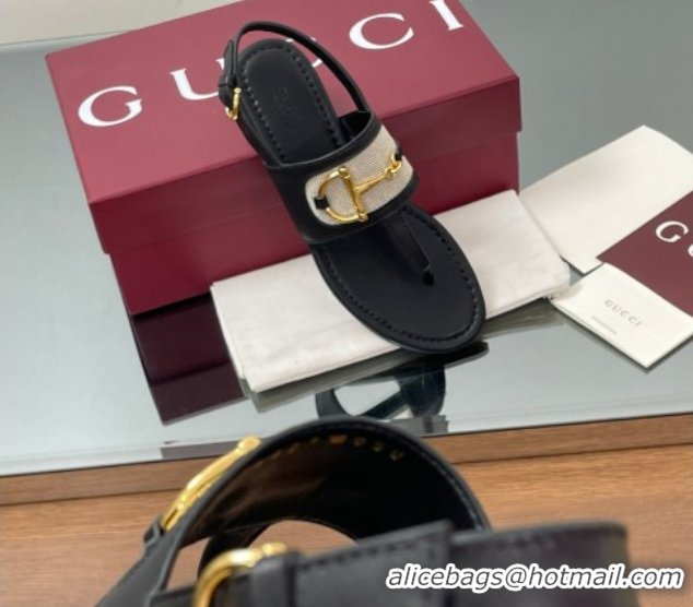 Stylish Gucci Flat Thong Sandals in Canvas and Leather with Horsebit Black 0609121