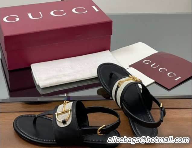 Stylish Gucci Flat Thong Sandals in Canvas and Leather with Horsebit Black 0609121