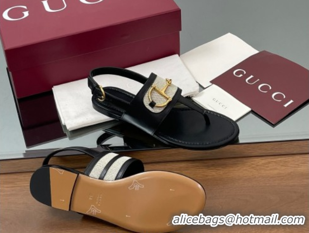 Stylish Gucci Flat Thong Sandals in Canvas and Leather with Horsebit Black 0609121