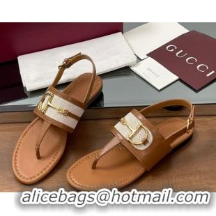 Best Product Gucci Flat Thong Sandals in Canvas and Leather with Horsebit Light Brown 0609122