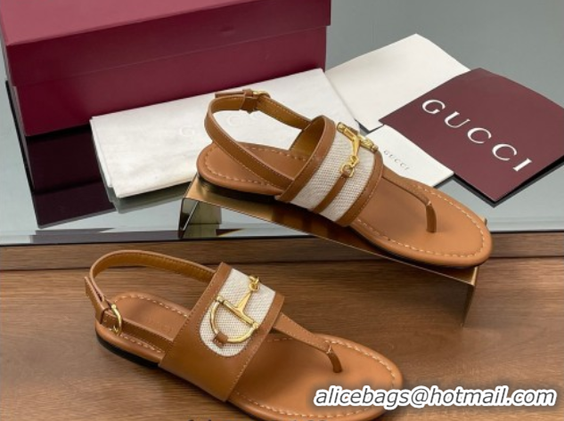Best Product Gucci Flat Thong Sandals in Canvas and Leather with Horsebit Light Brown 0609122