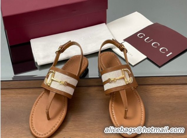 Best Product Gucci Flat Thong Sandals in Canvas and Leather with Horsebit Light Brown 0609122