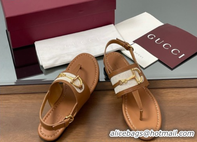Best Product Gucci Flat Thong Sandals in Canvas and Leather with Horsebit Light Brown 0609122