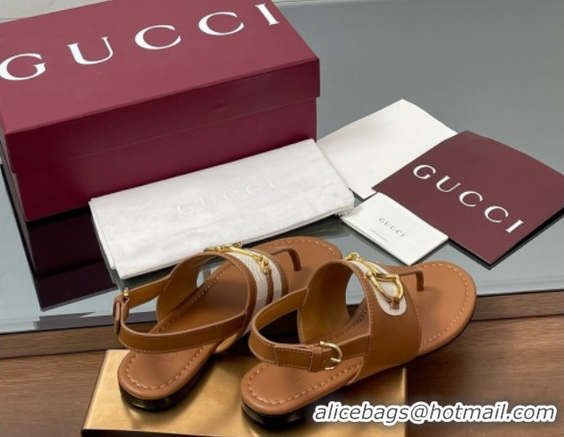 Best Product Gucci Flat Thong Sandals in Canvas and Leather with Horsebit Light Brown 0609122