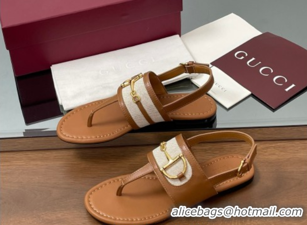 Best Product Gucci Flat Thong Sandals in Canvas and Leather with Horsebit Light Brown 0609122