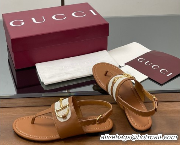 Best Product Gucci Flat Thong Sandals in Canvas and Leather with Horsebit Light Brown 0609122