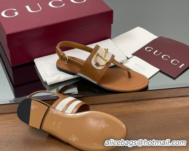 Best Product Gucci Flat Thong Sandals in Canvas and Leather with Horsebit Light Brown 0609122