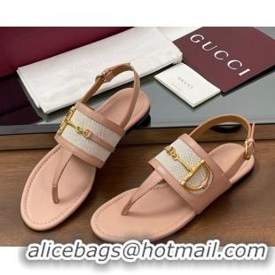 Good Quality Gucci Flat Thong Sandals in Canvas and Leather with Horsebit Light Pink 0609123