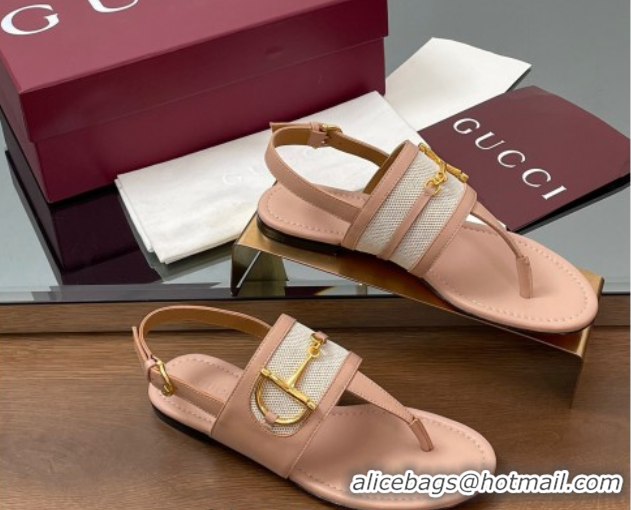 Good Quality Gucci Flat Thong Sandals in Canvas and Leather with Horsebit Light Pink 0609123