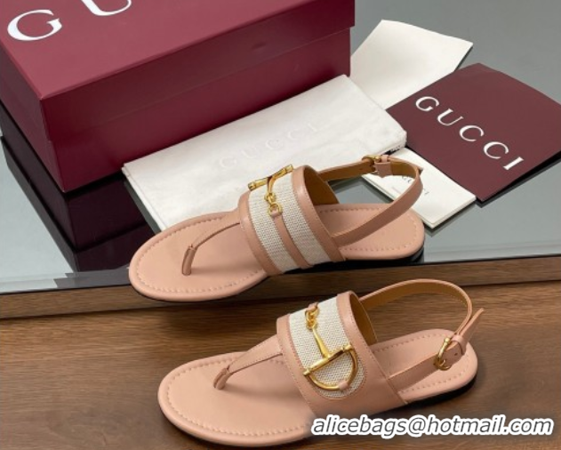 Good Quality Gucci Flat Thong Sandals in Canvas and Leather with Horsebit Light Pink 0609123
