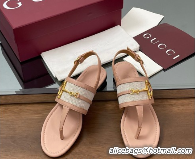 Good Quality Gucci Flat Thong Sandals in Canvas and Leather with Horsebit Light Pink 0609123