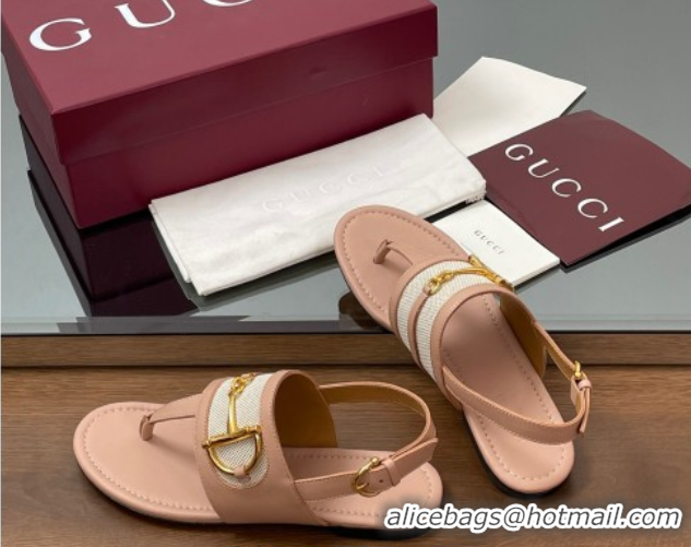 Good Quality Gucci Flat Thong Sandals in Canvas and Leather with Horsebit Light Pink 0609123