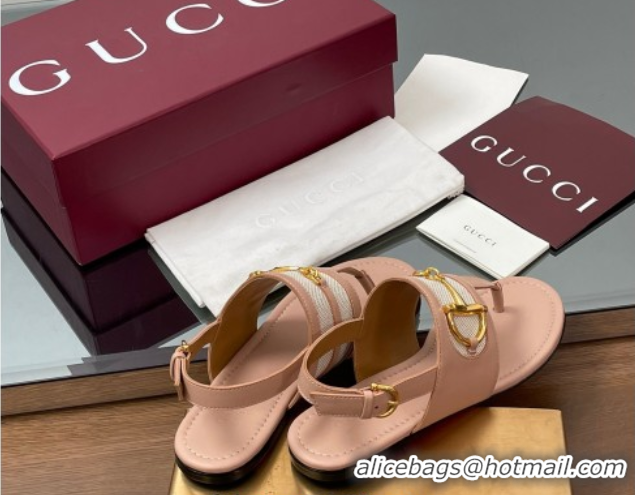 Good Quality Gucci Flat Thong Sandals in Canvas and Leather with Horsebit Light Pink 0609123