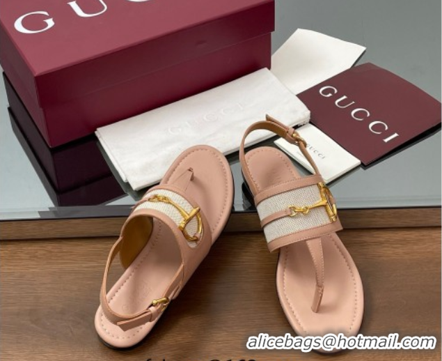 Good Quality Gucci Flat Thong Sandals in Canvas and Leather with Horsebit Light Pink 0609123
