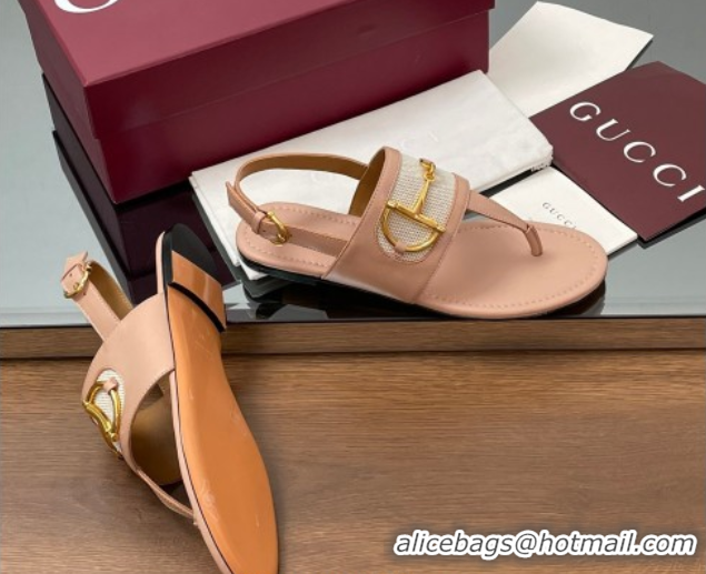 Good Quality Gucci Flat Thong Sandals in Canvas and Leather with Horsebit Light Pink 0609123