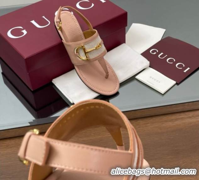 Good Quality Gucci Flat Thong Sandals in Canvas and Leather with Horsebit Light Pink 0609123