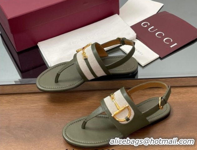 Good Product Gucci Flat Thong Sandals in Canvas and Leather with Horsebit Green 0609124