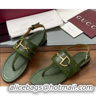 Charming Gucci Flat Thong Sandals in Suede Trim and Leather with Horsebit Green 0609125
