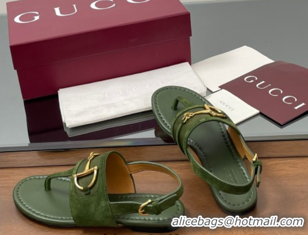 Charming Gucci Flat Thong Sandals in Suede Trim and Leather with Horsebit Green 0609125