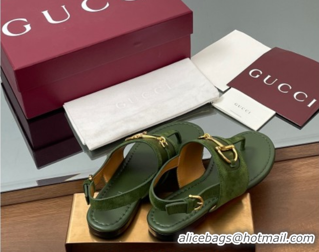 Charming Gucci Flat Thong Sandals in Suede Trim and Leather with Horsebit Green 0609125